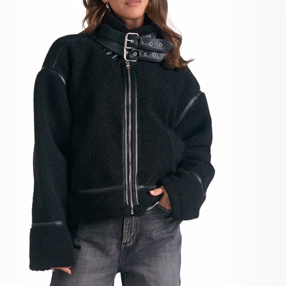 NWT-Elan Black Sherpa Bomber Coat Sz.Med